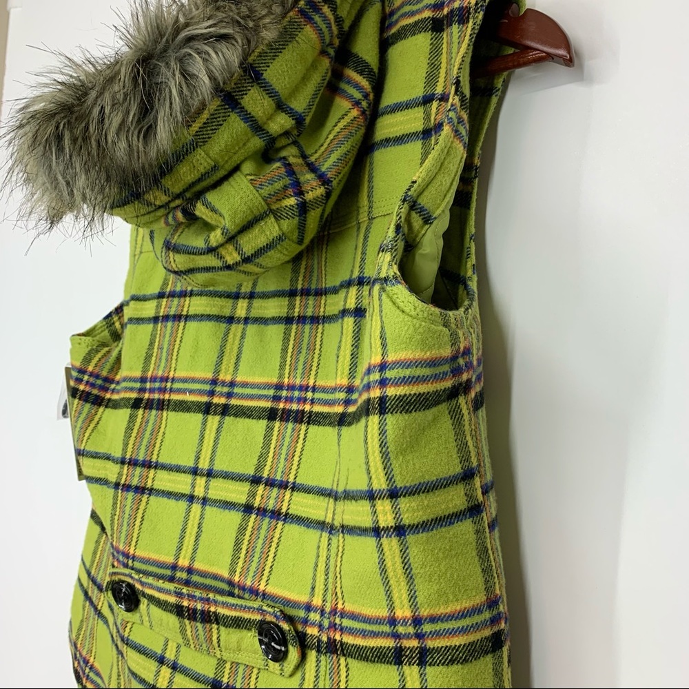 Mossimo Supply Co Retro Lime Green Blue Multi Plaid Full Zip Vest Faux Fur Hood - Picture 4 of 15